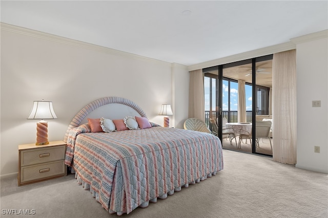 bedroom with light colored carpet, crown molding, access to outside, and floor to ceiling windows