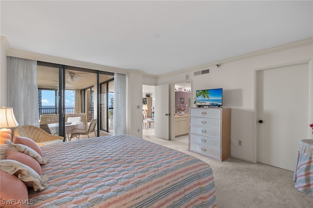 bedroom featuring ornamental molding, light carpet, access to outside, and visible vents