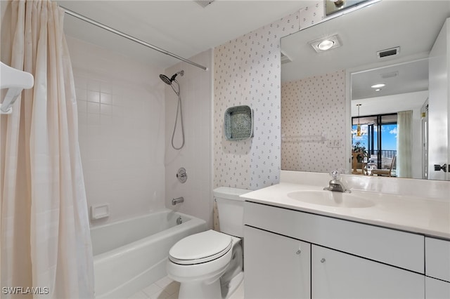 bathroom featuring toilet, shower / bath combo, wallpapered walls, visible vents, and vanity