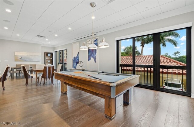 rec room with wood finished floors, pool table, and recessed lighting