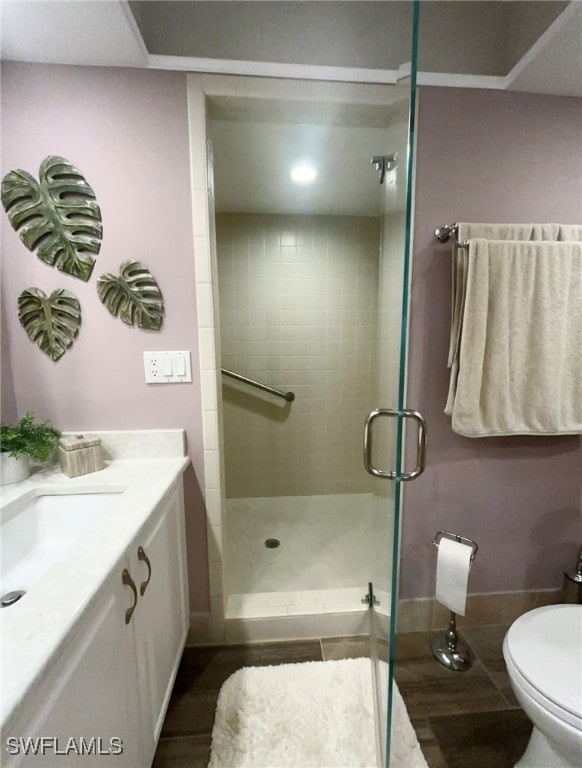 bathroom with vanity, toilet, and an enclosed shower