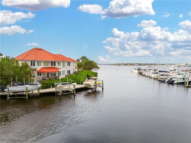 view of dock featuring a water view and boat lift