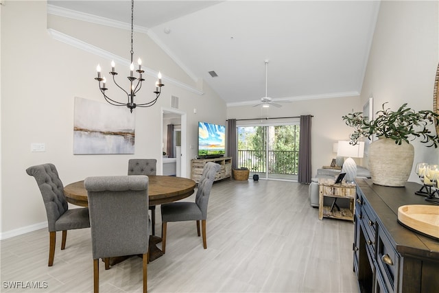 dining area with ceiling fan with notable chandelier and high vaulted ceiling