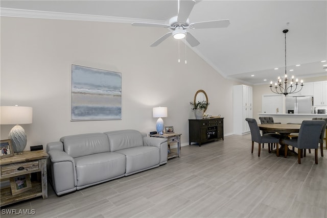 living room with crown molding, high vaulted ceiling, and ceiling fan with notable chandelier