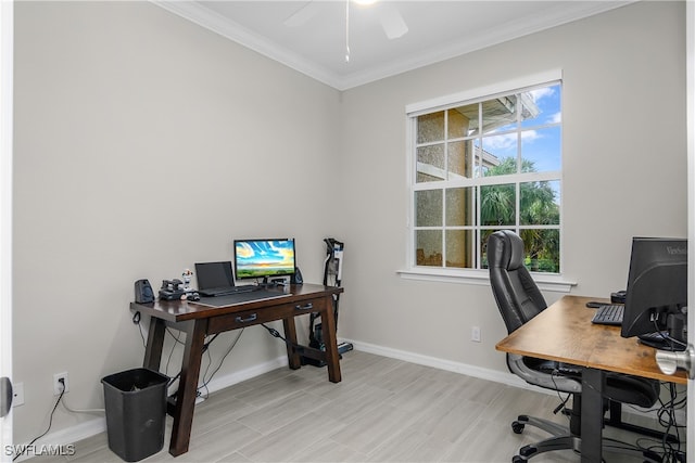 office area with ceiling fan and crown molding