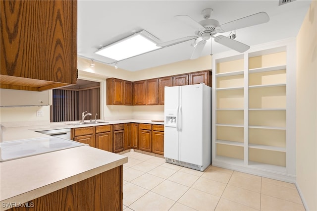 kitchen featuring white appliances, light tile patterned floors, sink, kitchen peninsula, and ceiling fan