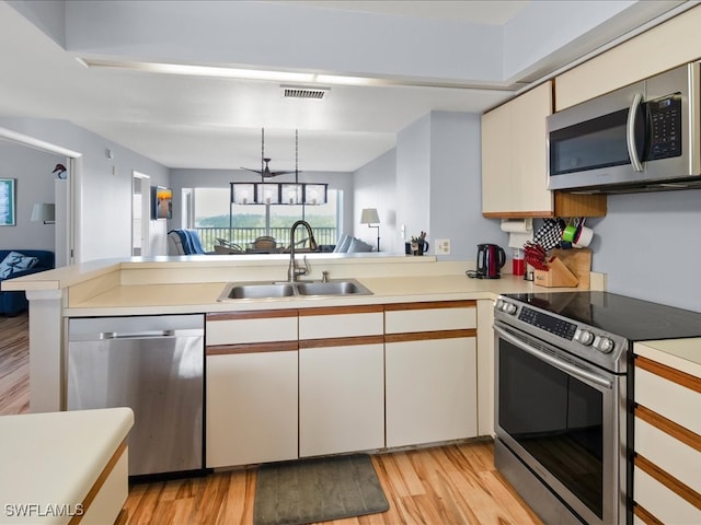 kitchen featuring stainless steel appliances, white cabinetry, sink, kitchen peninsula, and light hardwood / wood-style flooring