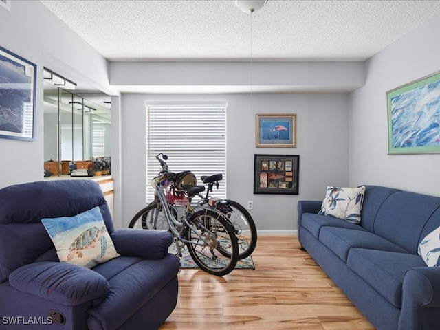 living room with a textured ceiling and light wood-type flooring