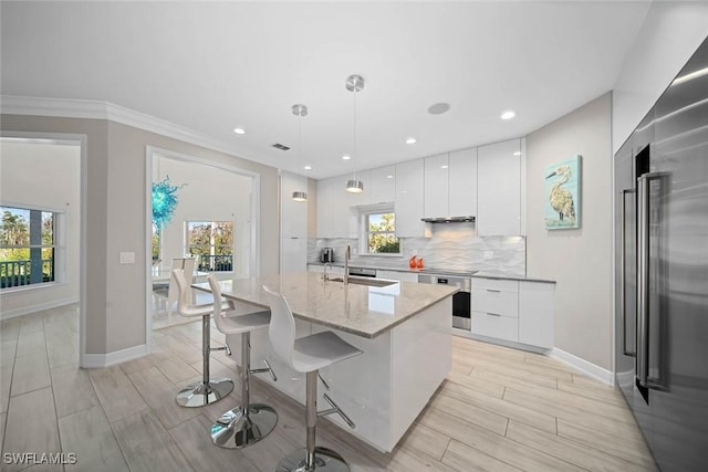 kitchen with white cabinets, plenty of natural light, hanging light fixtures, and sink