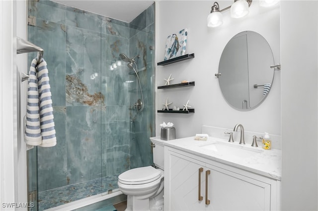 bathroom featuring toilet, vanity, and walk in shower