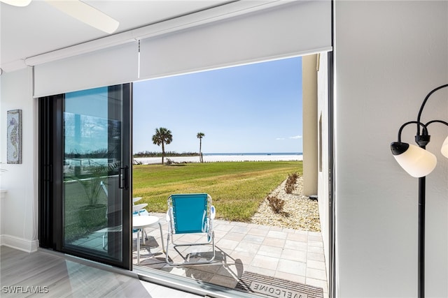 doorway featuring plenty of natural light, wood-type flooring, and a water view