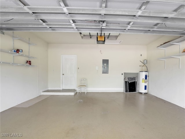 garage with a garage door opener, electric water heater, and electric panel