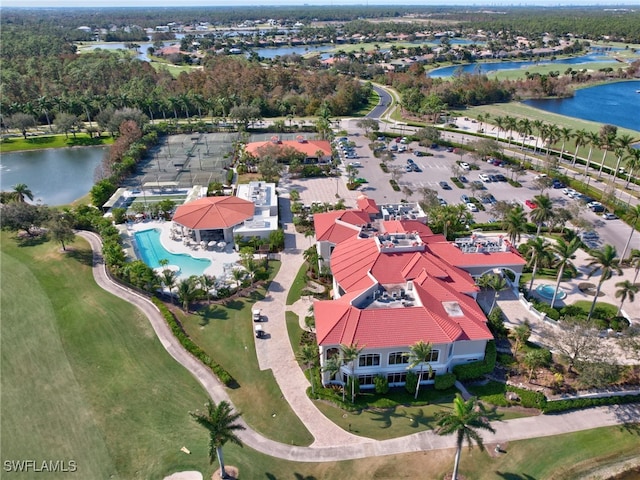 drone / aerial view with a water view