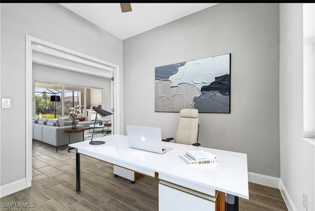 office area featuring hardwood / wood-style floors and ceiling fan