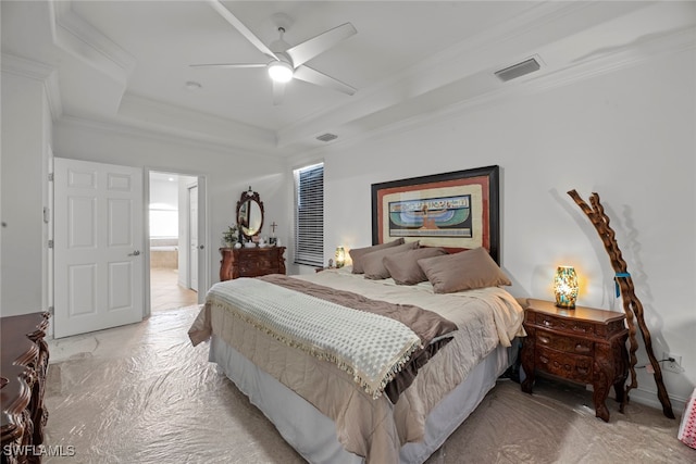 bedroom featuring ornamental molding, a raised ceiling, and ceiling fan