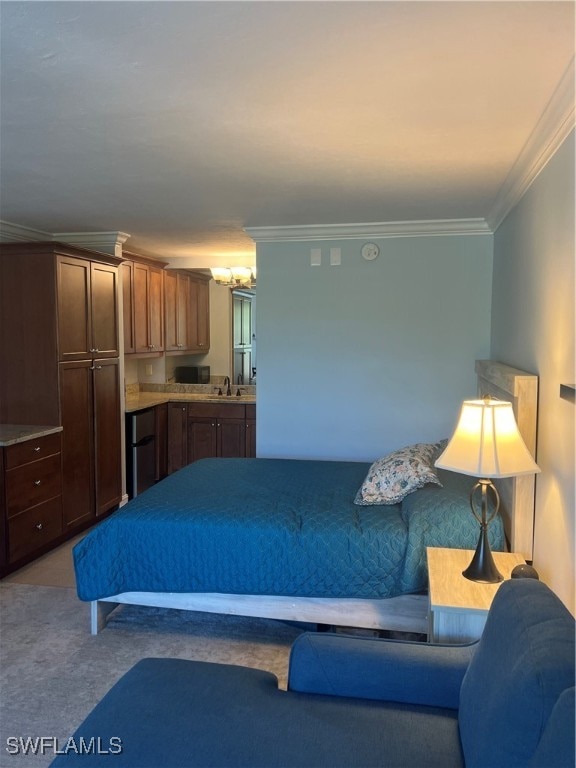 carpeted bedroom with crown molding