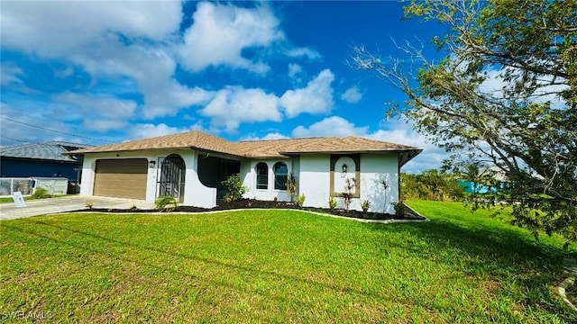 view of front facade featuring a front yard and a garage