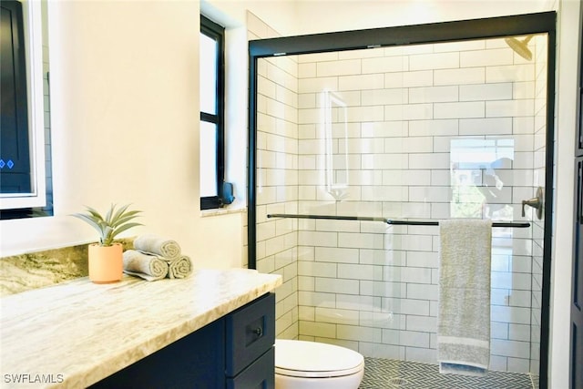 bathroom with a shower with door, vanity, and toilet