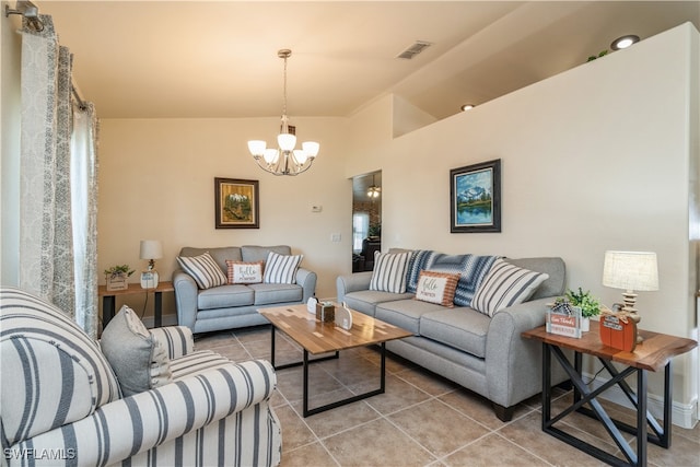 tiled living room featuring lofted ceiling and a notable chandelier