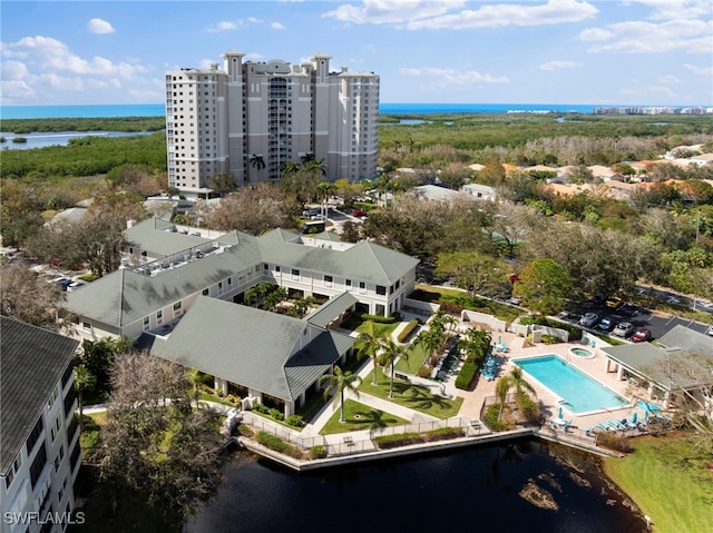 bird's eye view with a water view