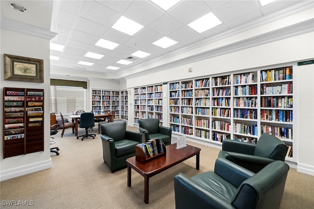 living area featuring a drop ceiling, carpet floors, and ornamental molding