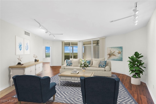 living room with ceiling fan and wood-type flooring