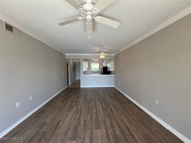 unfurnished living room featuring crown molding, dark wood-type flooring, and ceiling fan