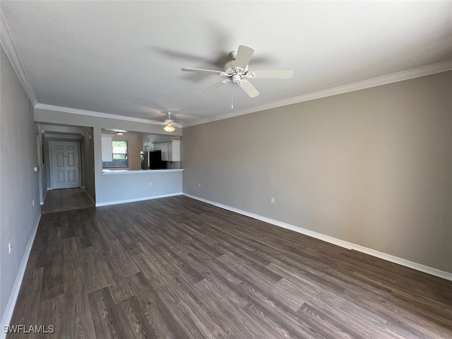 unfurnished living room with ceiling fan, ornamental molding, and dark hardwood / wood-style flooring