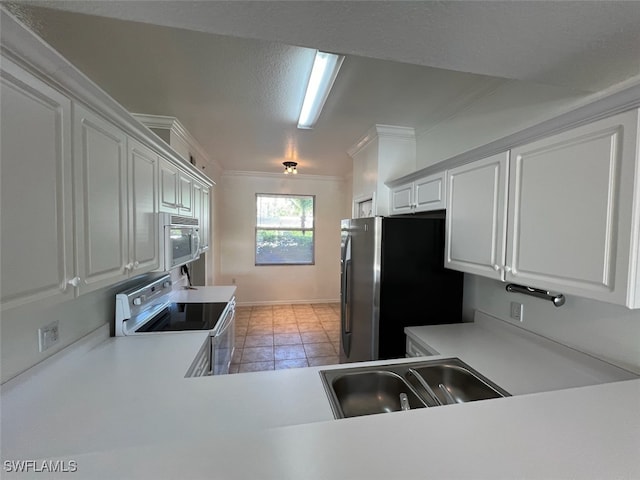 kitchen with stainless steel fridge, white cabinets, ornamental molding, electric stove, and sink