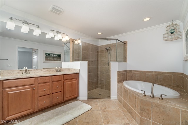 bathroom featuring ornamental molding, tile patterned flooring, vanity, and plus walk in shower