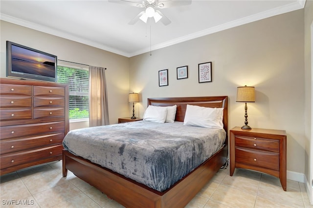 bedroom with ceiling fan, ornamental molding, and light tile patterned floors