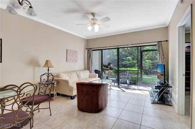 living room featuring ornamental molding, ceiling fan, and light tile patterned floors