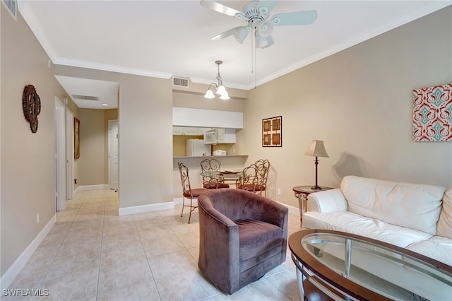 living room with ornamental molding, ceiling fan with notable chandelier, and light tile patterned floors