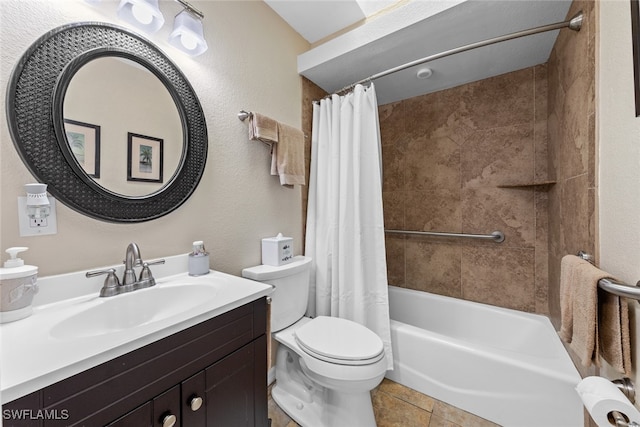 full bathroom featuring tile patterned floors, vanity, shower / tub combo, and toilet