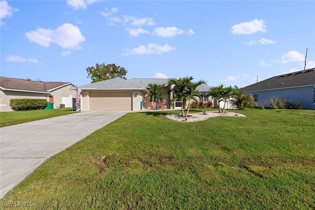 single story home with a front yard and a garage