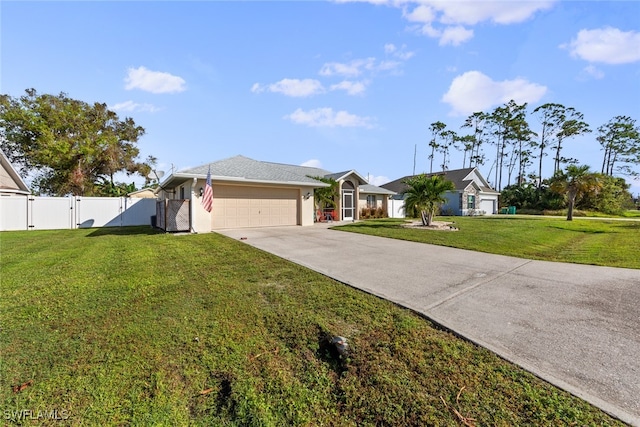 single story home with a front yard and a garage