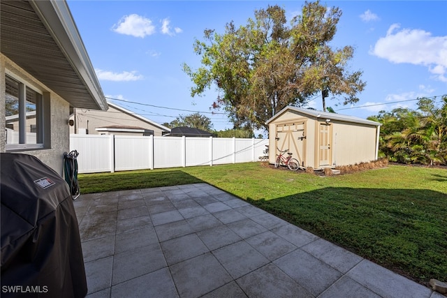 view of yard with a patio and a storage shed