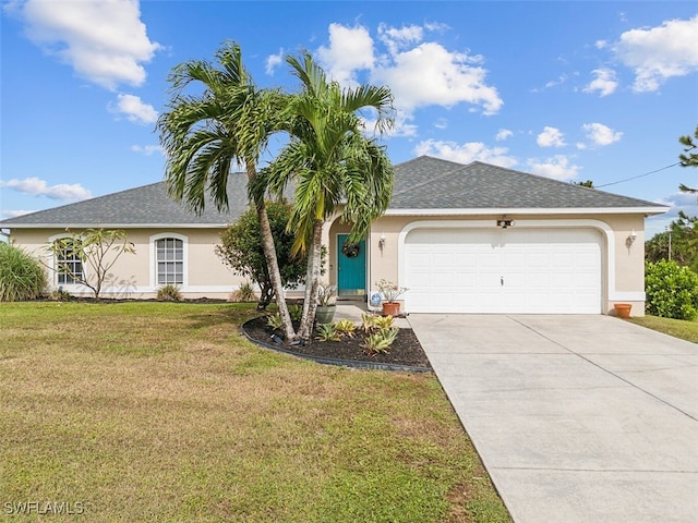 ranch-style house featuring a garage and a front lawn