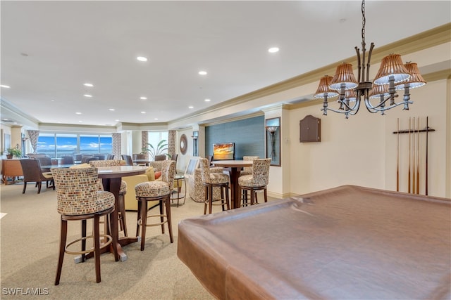 recreation room with a wealth of natural light, crown molding, and pool table