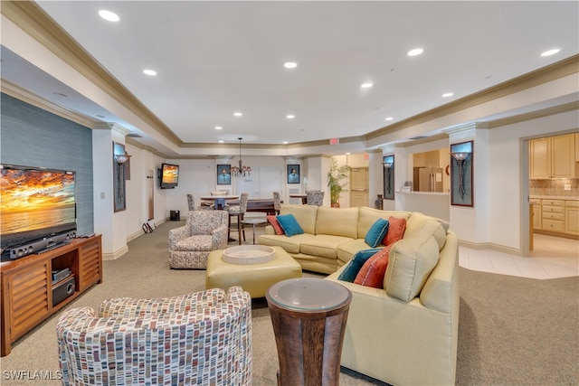 carpeted living room featuring crown molding