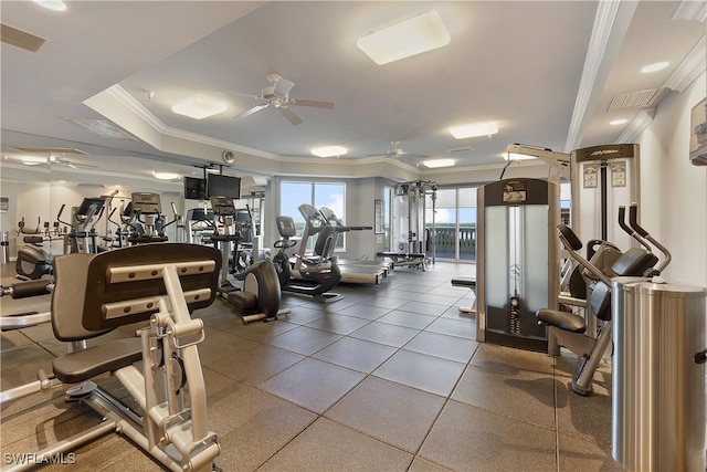 exercise room with ceiling fan and ornamental molding