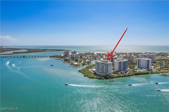 aerial view featuring a water view