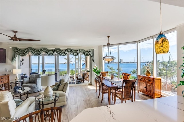 dining room featuring ceiling fan, light hardwood / wood-style flooring, and a water view