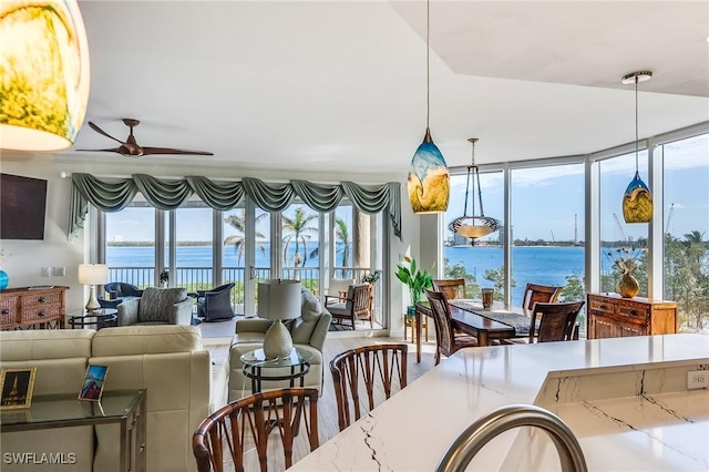 dining space with hardwood / wood-style floors, ceiling fan, a water view, and a wealth of natural light