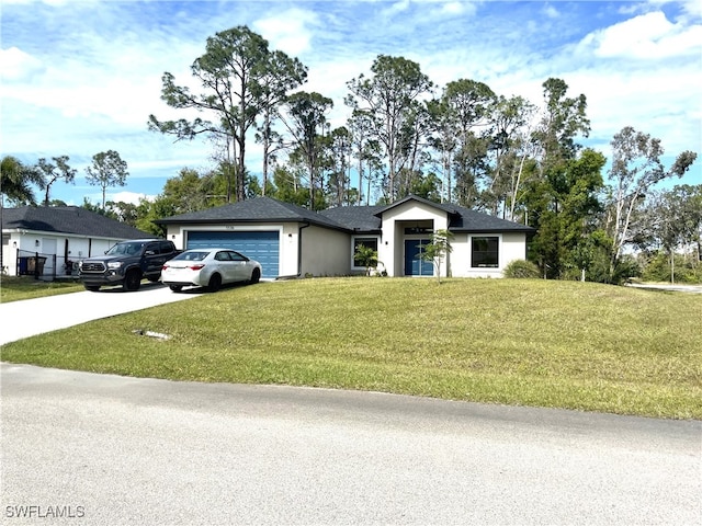 single story home with a front yard and a garage