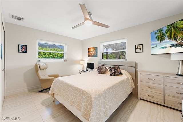 bedroom featuring baseboards, visible vents, and a ceiling fan