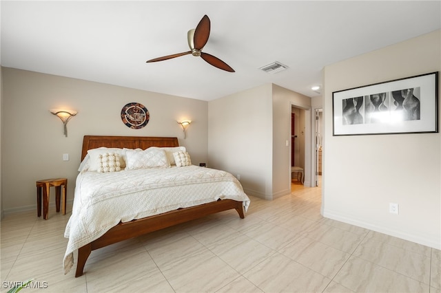 bedroom with a ceiling fan, visible vents, and baseboards