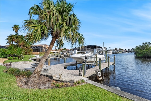 view of dock with a water view and boat lift