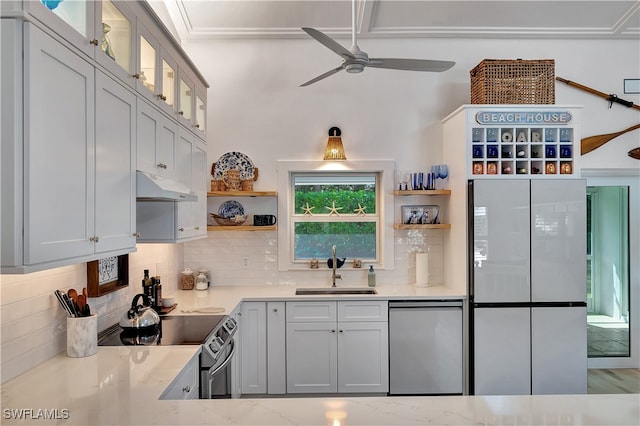 kitchen with ceiling fan, stainless steel appliances, decorative backsplash, and sink