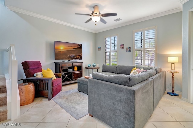 living room with ceiling fan, light tile patterned floors, and crown molding